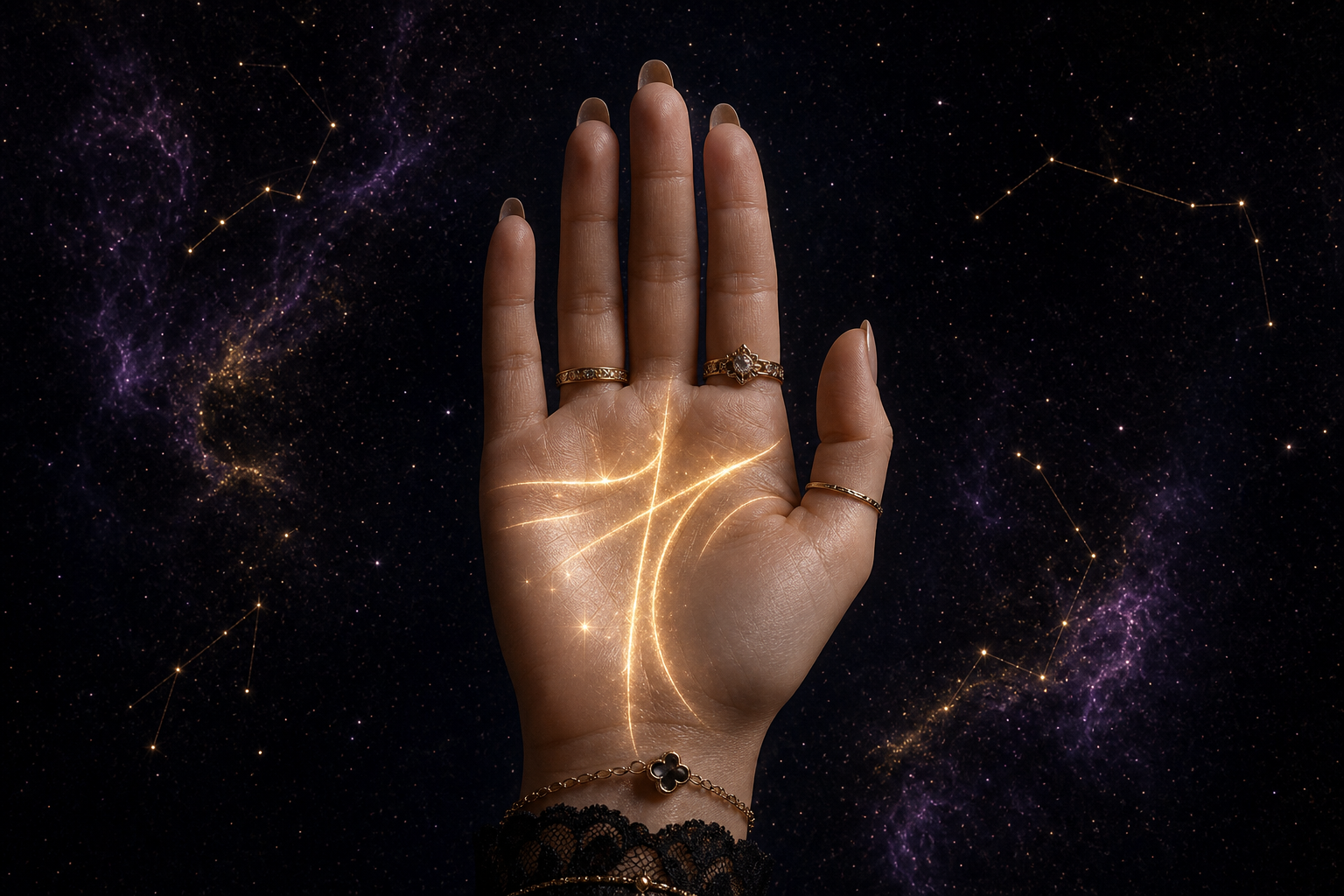 A palm with glowing lines beneath the stars